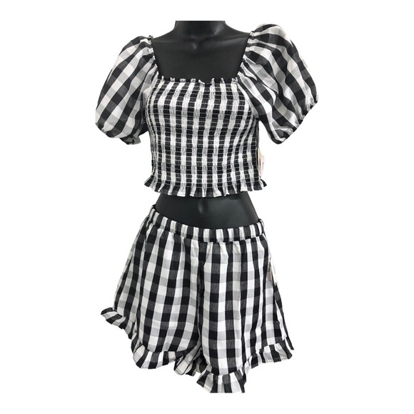 2pc black white checkered gingham ruffle hem smocked top printed shorts set sz S - Picture 8 of 12